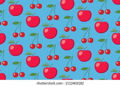 light blue vector fruit seamless pattern with apples and cherries