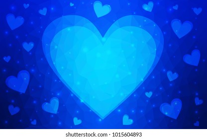 Light BLUE vector greeting Card Happy Valentine's Day. Lettering with hearts on the white polygonal background. Colored triangular illustration for your business.