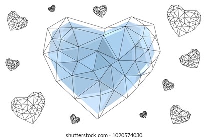 Light BLUE vector greeting Card Happy Valentine's Day. Lettering with hearts on the white polygonal background. Colored triangular illustration for your business.
