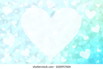 Light BLUE vector greeting Card Happy Valentine's Day. Lettering with hearts on the white polygonal background. Colored triangular illustration for your business.