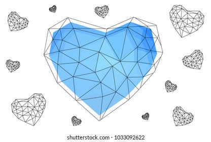 Light BLUE vector greeting Card Happy Valentine's Day. Lettering with hearts on the white polygonal background. Colored triangular illustration for your business.