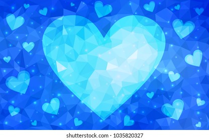 Light BLUE vector greeting Card Happy Valentine's Day. Lettering with hearts on the white polygonal background. Colored triangular illustration for your business.
