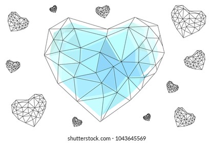 Light BLUE vector greeting Card Happy Valentine's Day. Lettering with hearts on the white polygonal background. Colored triangular illustration for your business.