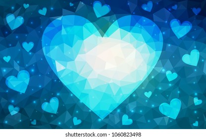 Light BLUE vector greeting Card Happy Valentine's Day. Lettering with hearts on the white polygonal background. Colored triangular illustration for your business.