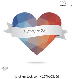 Light BLUE vector greeting Card Happy Valentine's Day. Lettering with hearts on the white polygonal background. Colored triangular illustration for your business.