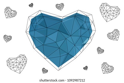Light BLUE vector greeting Card Happy Valentine's Day. Lettering with hearts on the white polygonal background. Colored triangular illustration for your business.