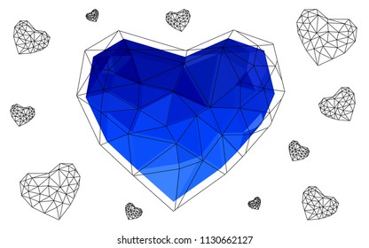 Light BLUE vector greeting Card Happy Valentine's Day. Lettering with hearts on the white polygonal background. Colored triangular illustration for your business.