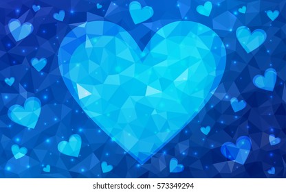 Light blue vector greeting Card Happy Valentine's Day. Lettering with hearts on the white polygonal background. Colored triangular illustration for your business.