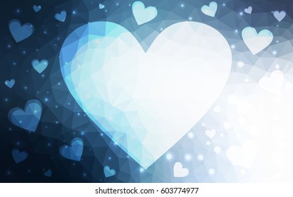 Light blue vector greeting Card Happy Valentine's Day. Lettering with hearts on the white polygonal background. Colored triangular illustration for your business.