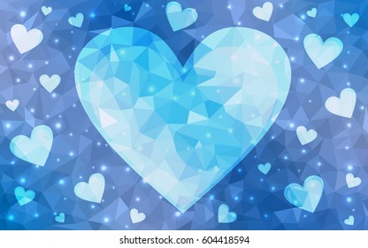 Light BLUE vector greeting Card Happy Valentine's Day. Lettering with hearts on the white polygonal background. Colored triangular illustration for your business.