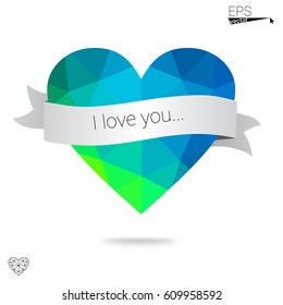 Light BLUE vector greeting Card Happy Valentine's Day. Lettering with hearts on the white polygonal background. Colored triangular illustration for your business.