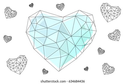 Light BLUE vector greeting Card Happy Valentine's Day. Lettering with hearts on the white polygonal background. Colored triangular illustration for your business.