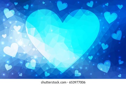 Light BLUE vector greeting Card Happy Valentine's Day. Lettering with hearts on the white polygonal background. Colored triangular illustration for your business.