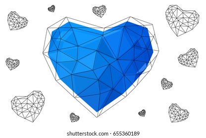 Light BLUE vector greeting Card Happy Valentine's Day. Lettering with hearts on the white polygonal background. Colored triangular illustration for your business.