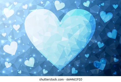 Light BLUE vector greeting Card Happy Valentine's Day. Lettering with hearts on the white polygonal background. Colored triangular illustration for your business.