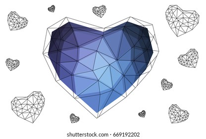 Light BLUE vector greeting Card Happy Valentine's Day. Lettering with hearts on the white polygonal background. Colored triangular illustration for your business.