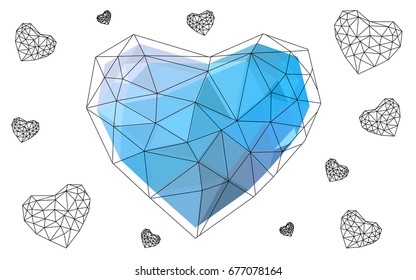 Light BLUE vector greeting Card Happy Valentine's Day. Lettering with hearts on the white polygonal background. Colored triangular illustration for your business.