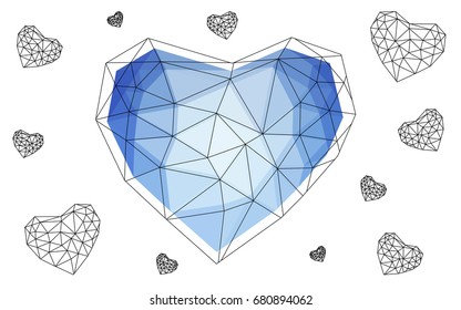 Light BLUE vector greeting Card Happy Valentine's Day. Lettering with hearts on the white polygonal background. Colored triangular illustration for your business.