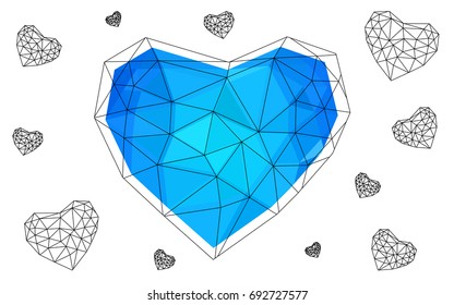 Light BLUE vector greeting Card Happy Valentine's Day. Lettering with hearts on the white polygonal background. Colored triangular illustration for your business.