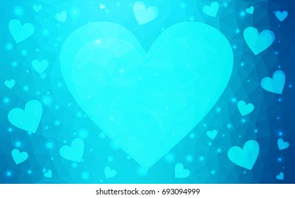 Light BLUE vector greeting Card Happy Valentine's Day. Lettering with hearts on the white polygonal background. Colored triangular illustration for your business.