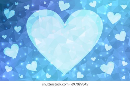 Light BLUE vector greeting Card Happy Valentine's Day. Lettering with hearts on the white polygonal background. Colored triangular illustration for your business.