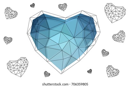 Light BLUE vector greeting Card Happy Valentine's Day. Lettering with hearts on the white polygonal background. Colored triangular illustration for your business.