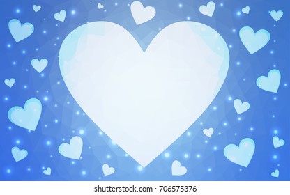 Light BLUE vector greeting Card Happy Valentine's Day. Lettering with hearts on the white polygonal background. Colored triangular illustration for your business.