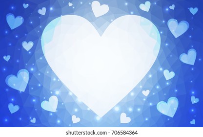 Light BLUE vector greeting Card Happy Valentine's Day. Lettering with hearts on the white polygonal background. Colored triangular illustration for your business.