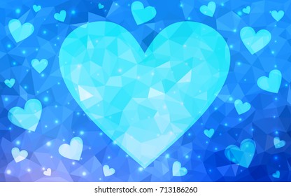 Light BLUE vector greeting Card Happy Valentine's Day. Lettering with hearts on the white polygonal background. Colored triangular illustration for your business.