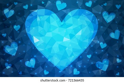 Light BLUE vector greeting Card Happy Valentine's Day. Lettering with hearts on the white polygonal background. Colored triangular illustration for your business.