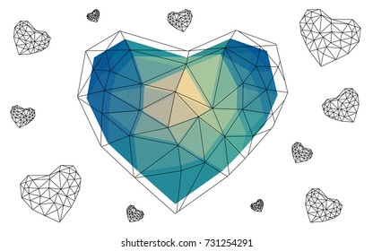 Light BLUE vector greeting Card Happy Valentine's Day. Lettering with hearts on the white polygonal background. Colored triangular illustration for your business.
