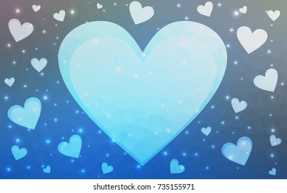 Light BLUE vector greeting Card Happy Valentine's Day. Lettering with hearts on the white polygonal background. Colored triangular illustration for your business.