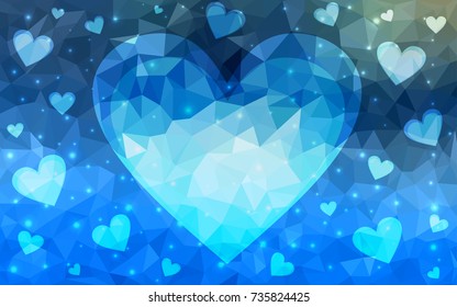 Light BLUE vector greeting Card Happy Valentine's Day. Lettering with hearts on the white polygonal background. Colored triangular illustration for your business.