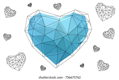 Light BLUE vector greeting Card Happy Valentine's Day. Lettering with hearts on the white polygonal background. Colored triangular illustration for your business.