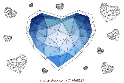 Light BLUE vector greeting Card Happy Valentine's Day. Lettering with hearts on the white polygonal background. Colored triangular illustration for your business.