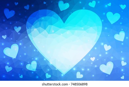 Light BLUE vector greeting Card Happy Valentine's Day. Lettering with hearts on the white polygonal background. Colored triangular illustration for your business.