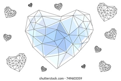 Light BLUE vector greeting Card Happy Valentine's Day. Lettering with hearts on the white polygonal background. Colored triangular illustration for your business.