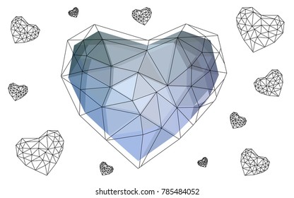 Light BLUE vector greeting Card Happy Valentine's Day. Lettering with hearts on the white polygonal background. Colored triangular illustration for your business.