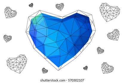 Light BLUE vector heart isolated on white background. Geometric rumpled triangular low poly origami style gradient graphic illustration. Polygonal design for your business.