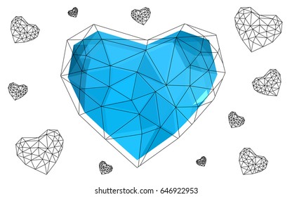 Light BLUE vector heart isolated on white background. Geometric rumpled triangular low poly origami style gradient graphic illustration. Polygonal design for your business.
