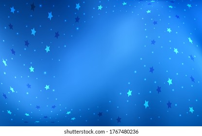Leichte BLAU-Vektorgrafik mit hellen Sternen. Sterne auf unscharfem abstraktem Hintergrund mit Farbverlauf. Die Vorlage kann als Hintergrund verwendet werden.