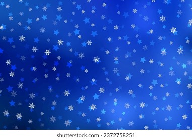 Diseño vectorial AZUL claro con copos de nieve brillantes, estrellas. Ilustración abstracta brillante con formas de hielo de cristal degradado. Diseño de Año Nuevo para anuncio de negocios.