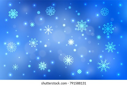 Light BLUE vector layout with bright snowflakes. Blurred decorative design in xmas style with snow. The pattern can be used for year new  websites.