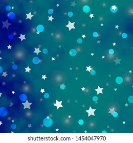 Light BLUE vector layout with circles, stars. Glitter abstract illustration with colorful drops, stars. Template for business cards, websites.