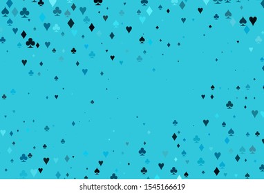 Light BLUE vector layout with elements of cards. Colored illustration with hearts, spades, clubs, diamonds. Design for ad, poster, banner of gambling websites.