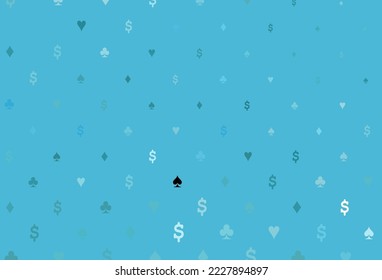 Light blue vector layout with elements of cards. Colored illustration with hearts, spades, clubs, diamonds. Pattern for ads of parties, events in Vegas.