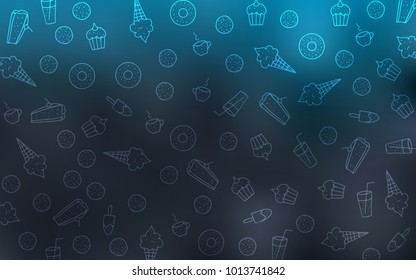 Light BLUE vector layout with sweet desserts. Confections on blurred abstract background with colorful gradient. Pattern for ad, booklets, leaflets of restaurants.