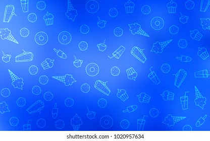 Light BLUE vector layout with sweet desserts. Glitter abstract sketch with sweets, candies, desserts. Pattern for ads of breakfast, lunch, dinner.