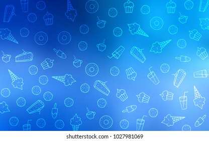 Light BLUE vector layout with sweet desserts. Beautiful colored illustration with candies in doodle style. Pattern for ads of breakfast, lunch, dinner.