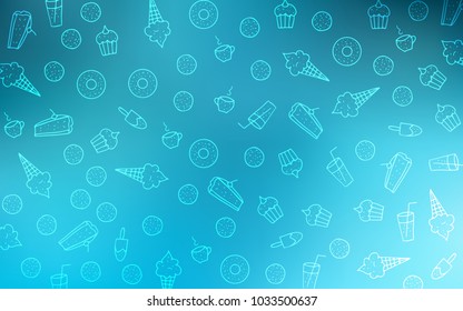 Light BLUE vector layout with sweet desserts. Decorative shining illustration with sweets on abstract template. Design for ad, poster, banner of cafes or restaurants.